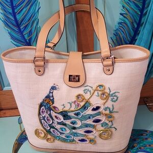 Francis Valentine straw two tone bag with beading and gem peacock design